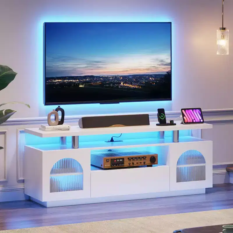TV cabinet with power sockets and LED lighting, media unit featuring large drawers and adjustable shelves, suitable for the living room.