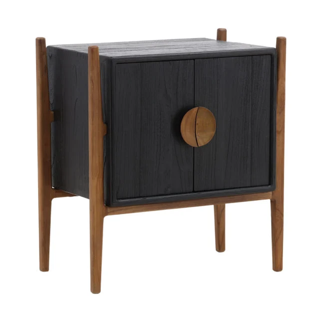 Artisan Mindi & Teak Wood Nightstand with Dual Drawers & Black Natural Finish for Bedroom