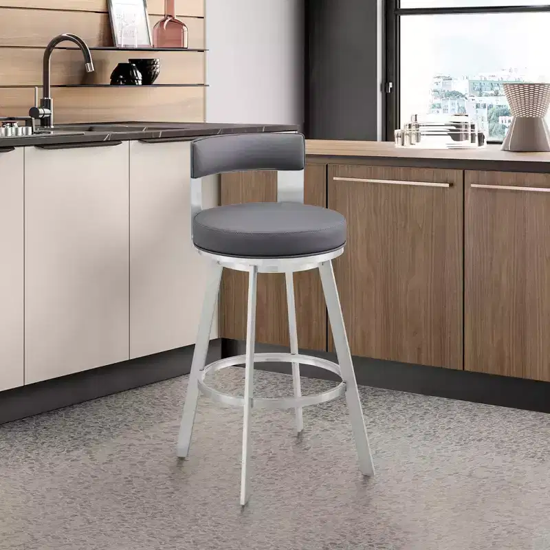 Armen Living 26" Flynn Metal with Faux Leather Swivel Counter Height Barstool Silver/Gray