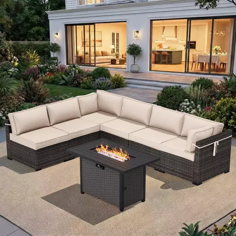 UPTIOT All-Weather Patio Set with Corner Loungers, Deep-Seat Chairs & Grey Convertible Fire Table for Ultimate Outdoor Comfort