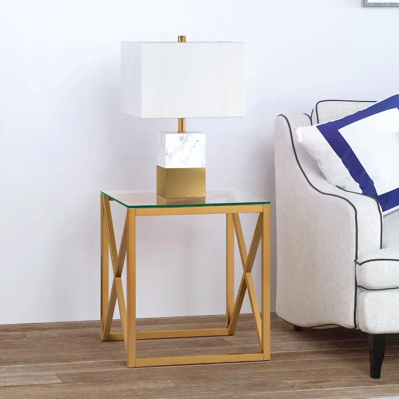 Geometric X-Base Metal & Glass Side Table in Golden Brass Finish