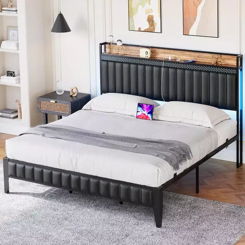 Upholstered Bed Frame with Charging Station and LED Lights