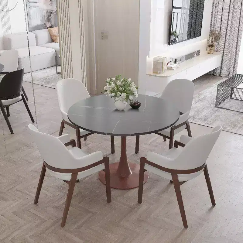 35 Round Dining Table with Sintered Stone Top and Walnut Steel Pedestal Base for Modern Kitchen and Dining Room