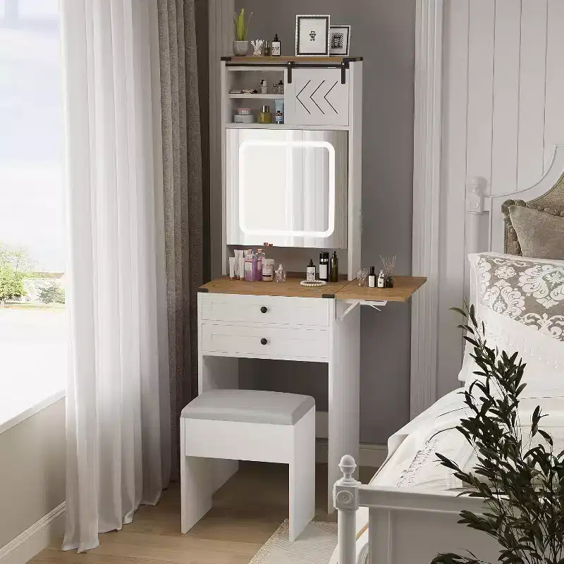 ELECWISH Vanity Desk with Mirror&Lights, Farmhouse Small Makeup Vanity with Fold Up Panel, 3 Light Modes, Storage Chair, Compact Dressing Table, White