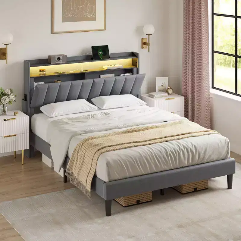 Hausource Upholstered Full Bed Frame w/Hidden Storage Headboard, LED Light, Charging Station, No Box Spring Needed