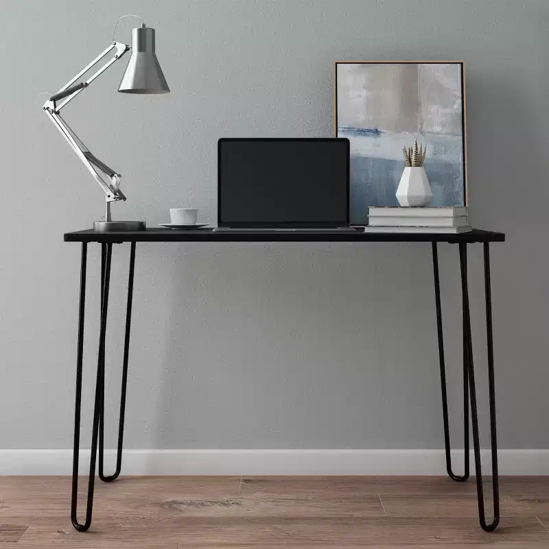 Modern Industrial Desk with Hairpin Legs, Woodgrain-Look Top and Steel Frame