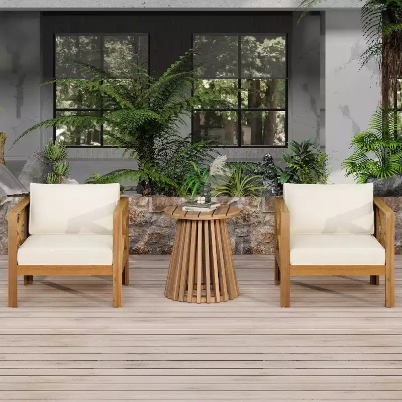 Christopher Knight Home Kairos Transitional 3 Piece Patio Acacia Wood Club Chairs with Round Accent Table