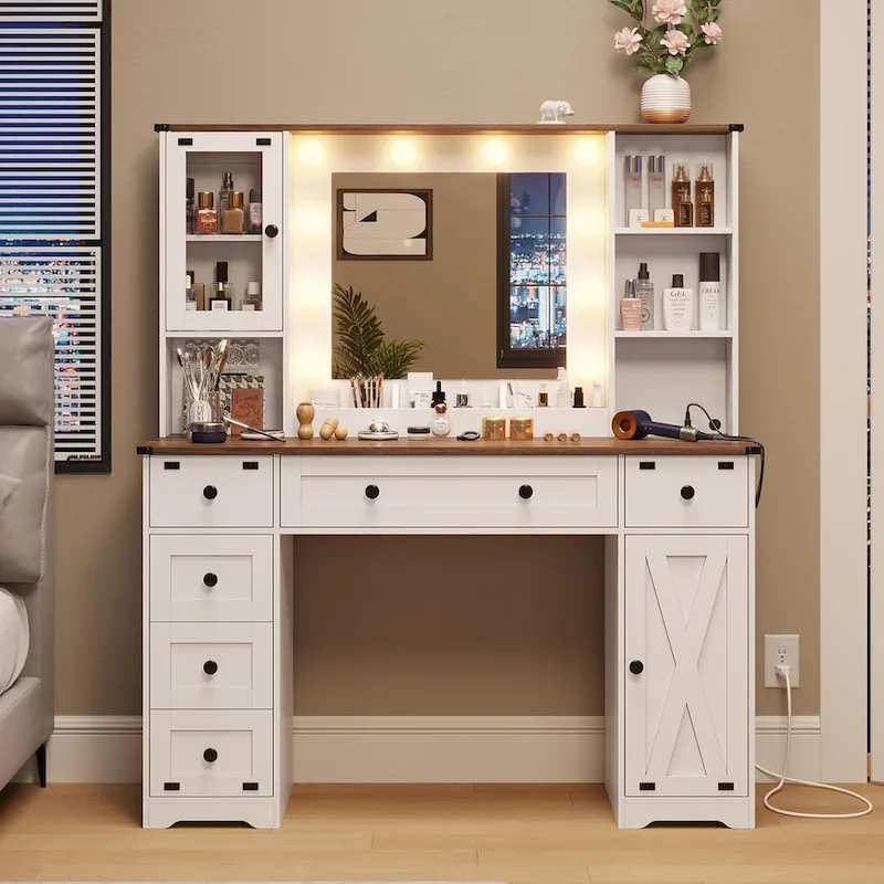 Makeup Vanity Desk with Large Mirrors and Lights Bulb