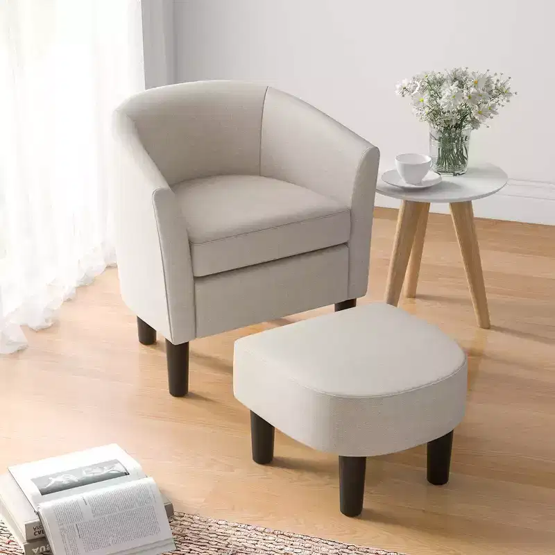 Barrel Club Chair with Ottoman Set – Curved Back & Removable Cushion, Grey/Beige