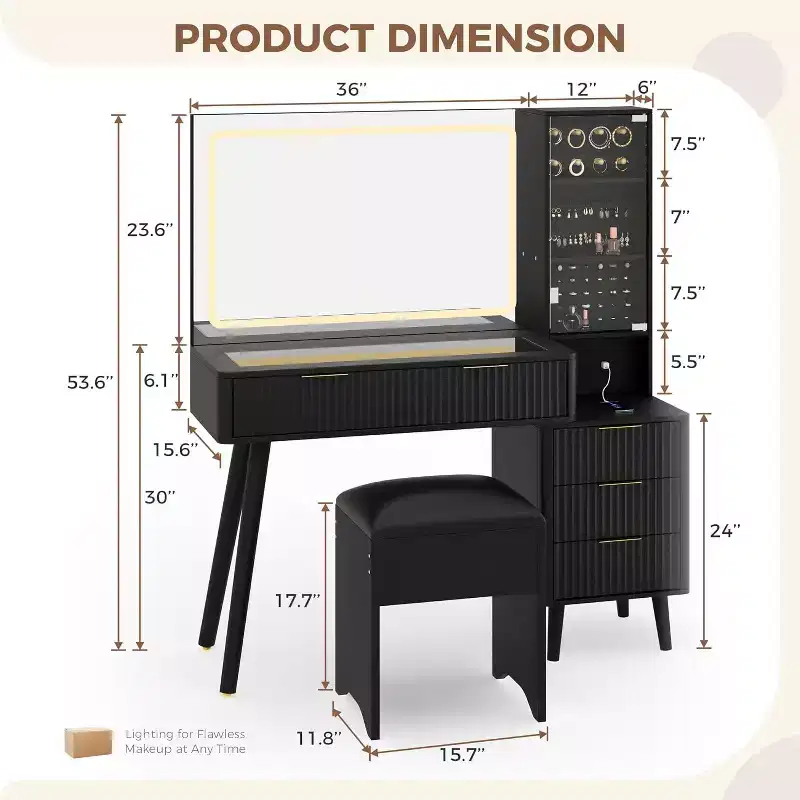 48 Makeup Vanity with LED Mirror & Charging Station - Glass Top Dressing Table with Storage Stool for Bedroom
