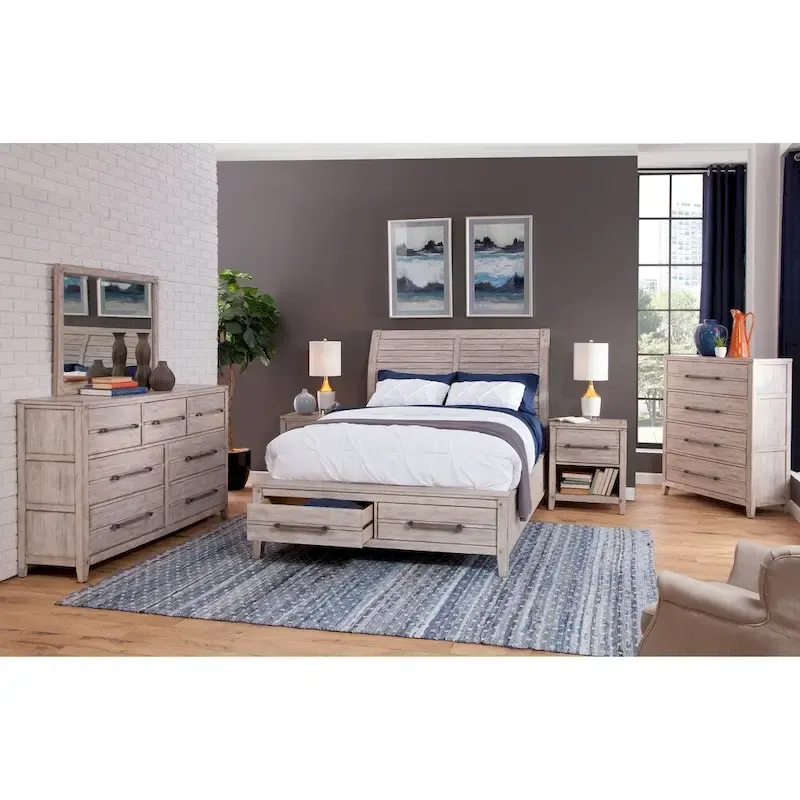Antique Whitewash / Weathered Grey Rustic Sleigh Bed with Planked Headboard and 2 Footboard Drawers – Queen or King
