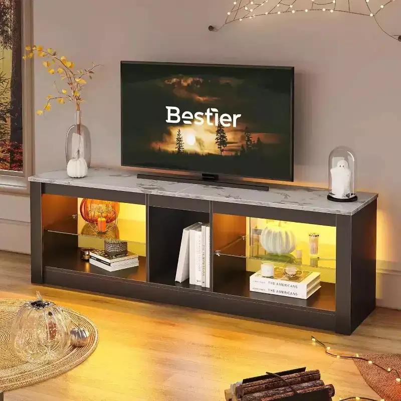 Particle Board TV Stand with Glass Shelves 18.5''H x 55.12''W x 13.78''D
