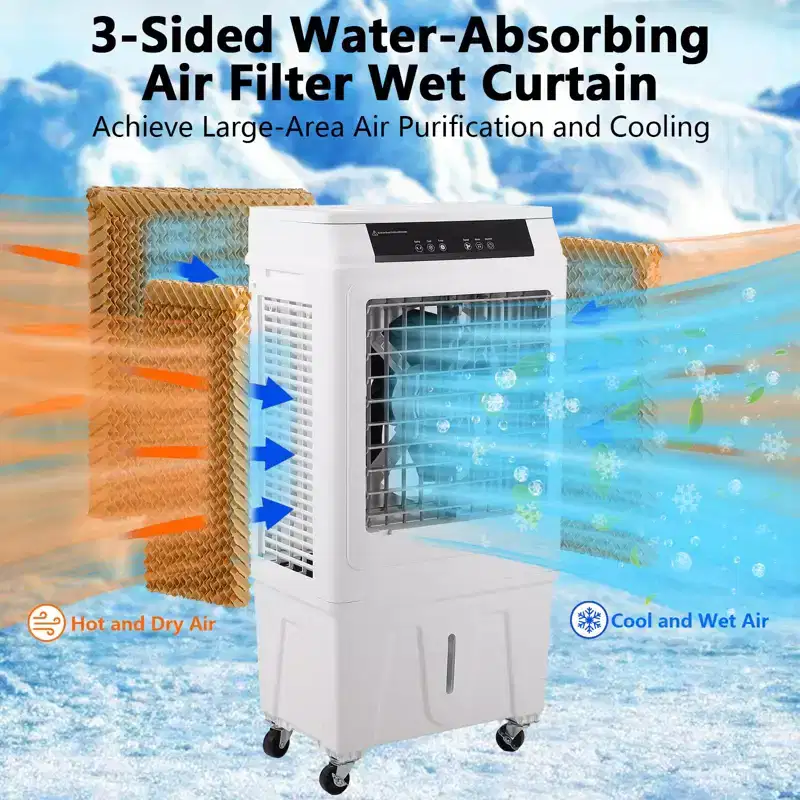 3000CFM Swamp Cooler, Evaporative Air Cooler with Remote Control and 12H Timer, 4 Ice Packs, 3 Modes & Wind Speeds for Outdoor Indoor Use, 10.3 Gallon