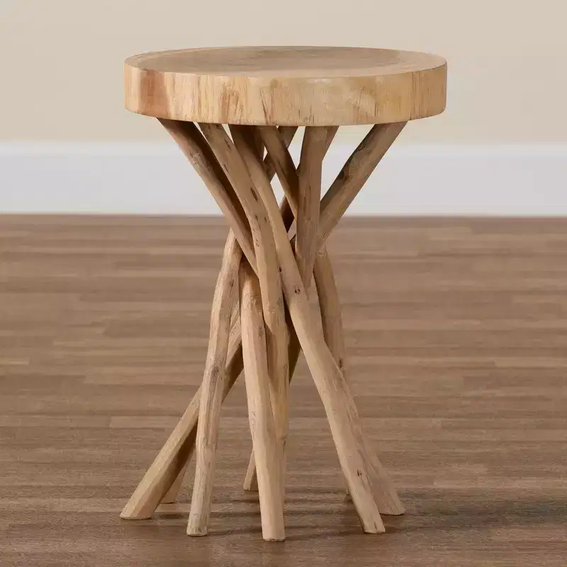 Bohemian Natural Teak Wood End Table with Carved Branch Base, Round Top