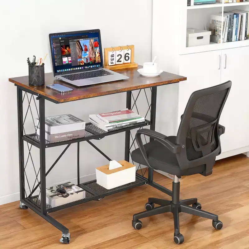 No-Assembly 3-Tier Collapsible Computer Desk with Wheels, Freestanding Metal Wire Shelf - Multipurpose Table for Study, Kitchen, Living Room, Balcony