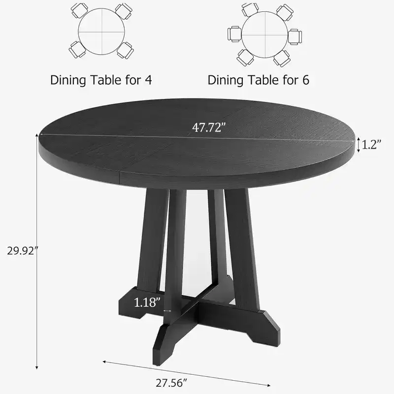 47.2 Round Dining Table for 4-6, Black Wood Kitchen Table with Pedestal Base and Adjustable Feet