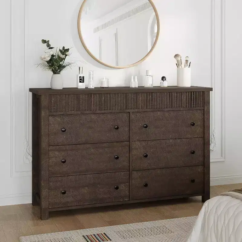 6-Drawer Dresser & TV Stand with Fluted Detailing, Wooden Storage Organizer for Bedroom, Living Room, or Hallway