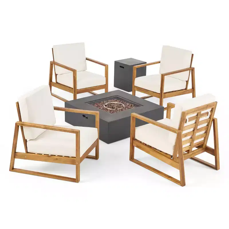 GDFStudio Lafayette Outdoor Acacia Wood 5 Piece Club Chair and Fire Pit Set with Cushions
