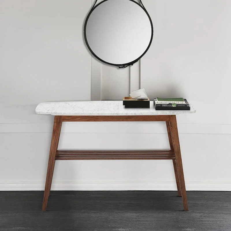 Castello 43 Rectangular Italian Carrara White Marble Console Table with Shelf - 43L x 12W x 31H - 43L x 12W x 31H