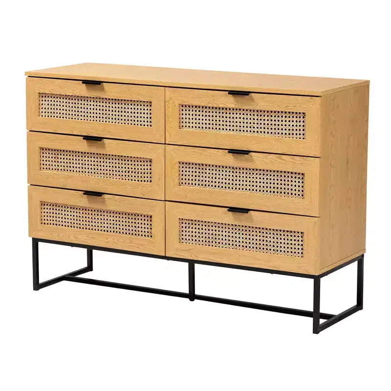 Wood and Metal 6 Drawer Storage Cabinet with Natural Rattan Oak Brown/Black - Mid-Century Credenza