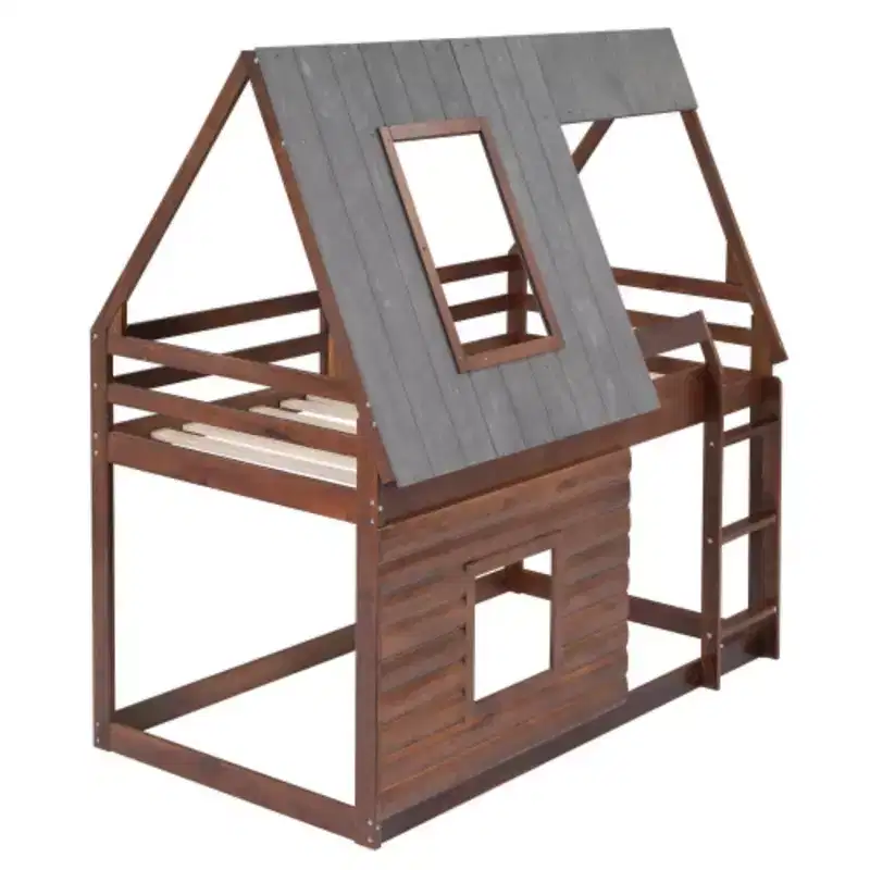 Wood Twin Size House Bunk Bed with Roof, Ladder & 2 Windows, Oak & Smoky Grey, Pine Wood
