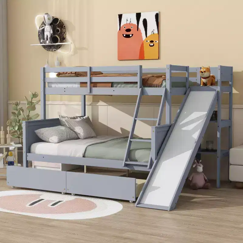 Whisen Twin over Full Rubber Wood Bunk Bed with 2 Drawers, Slide, Shelves and Ladder