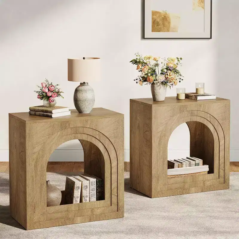 Square End Table, 2-Tier Farmhouse Side Table with Arched Open Shelf for Small Spaces, Living Room