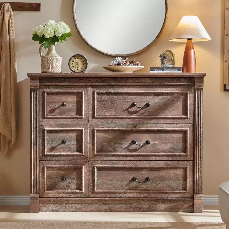 Mastgoal 48 Farmhouse Dresser with 6 Drawers, Rustic Wood Closet Storage with Roman Column for Bedroom