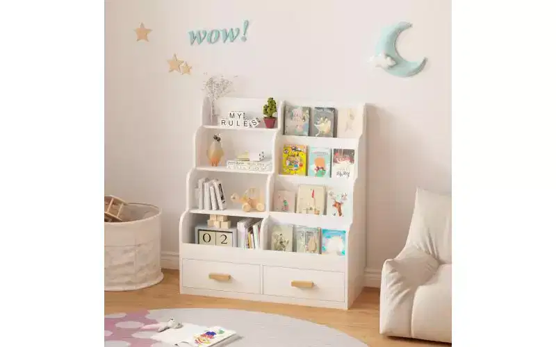 Kids Bookshelf with 2 Storage Drawers, Front-Facing Bookcase and Toy Organizer, White