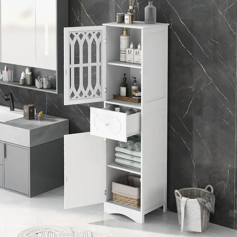 Grey/Green/White/Black Freestanding Tall Storage Cabinet with Lattice Door, Drawer & Adjustable Shelf