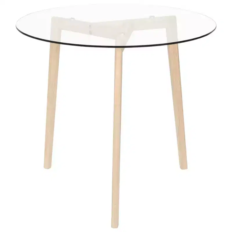 Dining Table with Tempered Glass Tabletop and Solid Oak Wood Legs for Kitchen or Dining Room, Transparent Brown, 31.5 Diameter