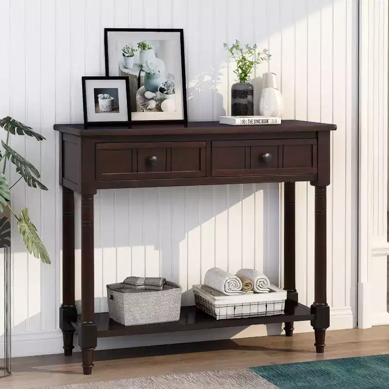 Whisen Rustic Console Table Traditional Design with Two Drawers and Bottom Shelf
