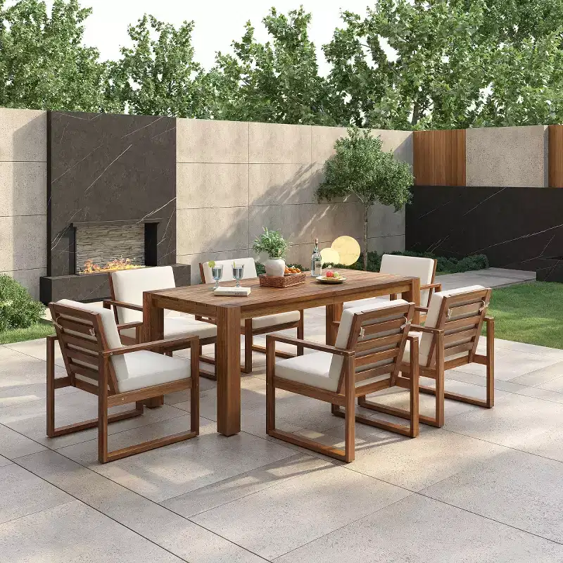 7-Piece Outdoor Dining Set for 6 with Umbrella Hole, Wood Patio Table and Chairs Set with Removable Cushions for Backyard or Patio-Panipeachy