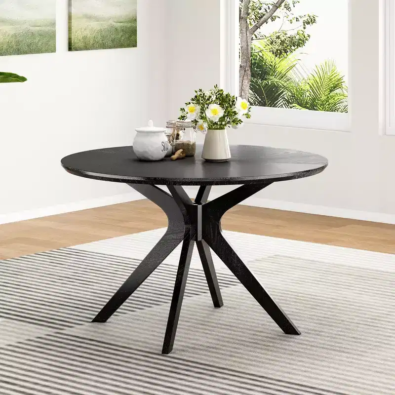 47.2 Solid Wood Round Dining Kitchen Table for 4-6 People with Intersecting Pedestal Base