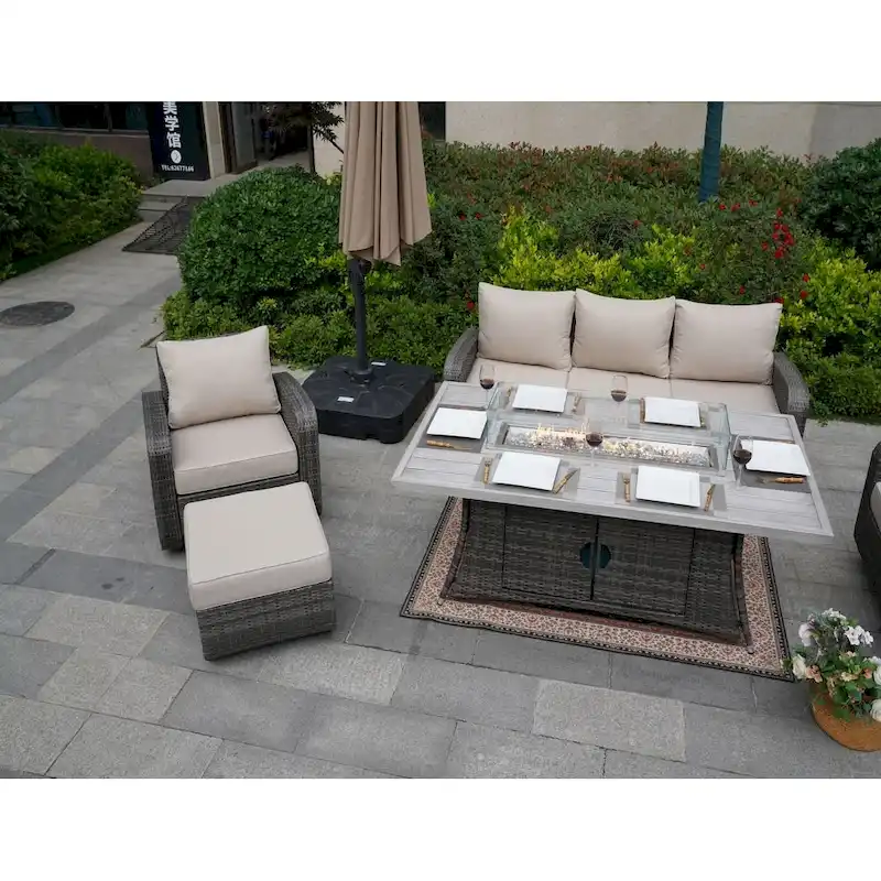 5-Piece Wicker Patio Sofa Set with Gas Firepit And Ice Bucket by None