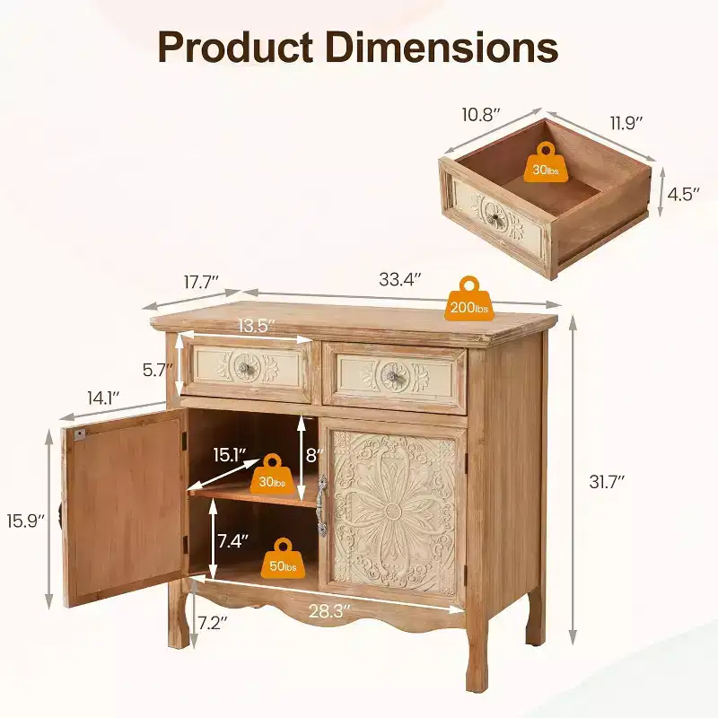 Heynemo Storage Cabinet with Drawers and Doors, Kitchen Sideboard Cabinet, Accent Buffet Server Cabinet, Wood Cabinet Organizer