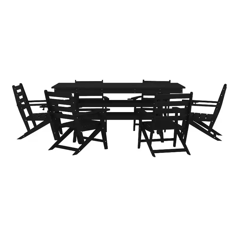 Emma and Oliver 7 PC Adirondack Dining Set with 72 Rectangle Indoor/Outdoor Recycled HDPE Table and 6 Chairs with Cupholders
