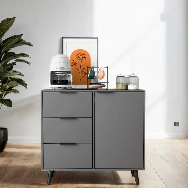 Natural Wood / Gray, 1-Person Sideboard Buffet Cabinet with 3 Drawers, Adjustable Shelf & Door
