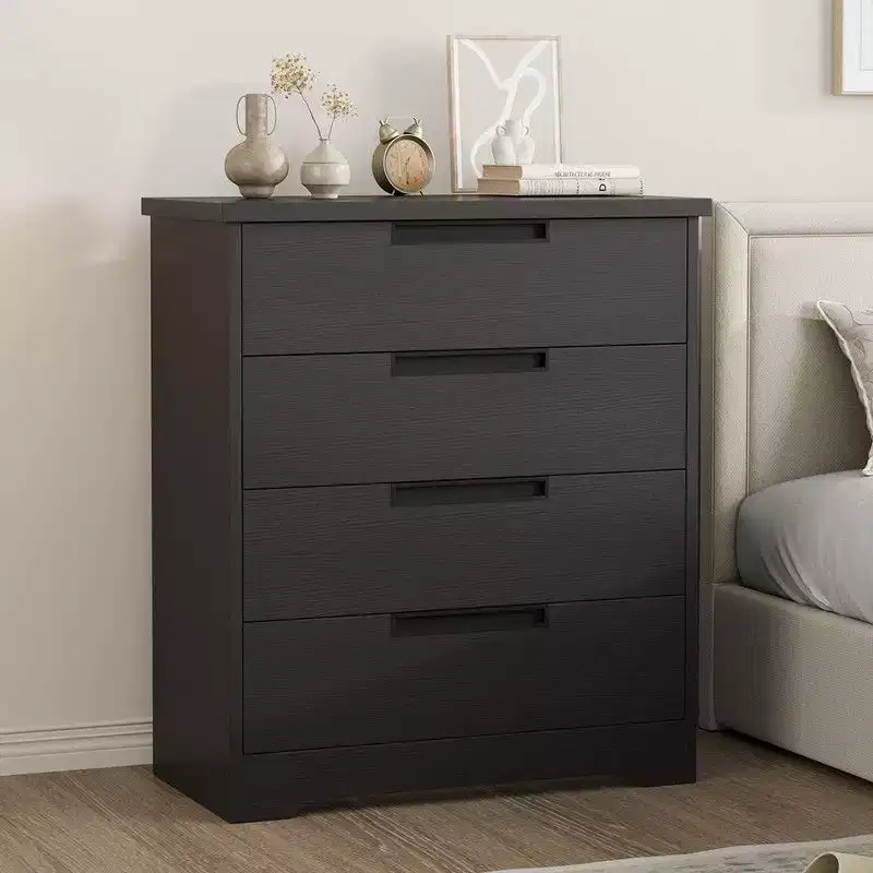 4 Drawer Dresser for Bedroom, Black Chest of Drawers with Embedded Handles Design, Wooden Dresser Organizer