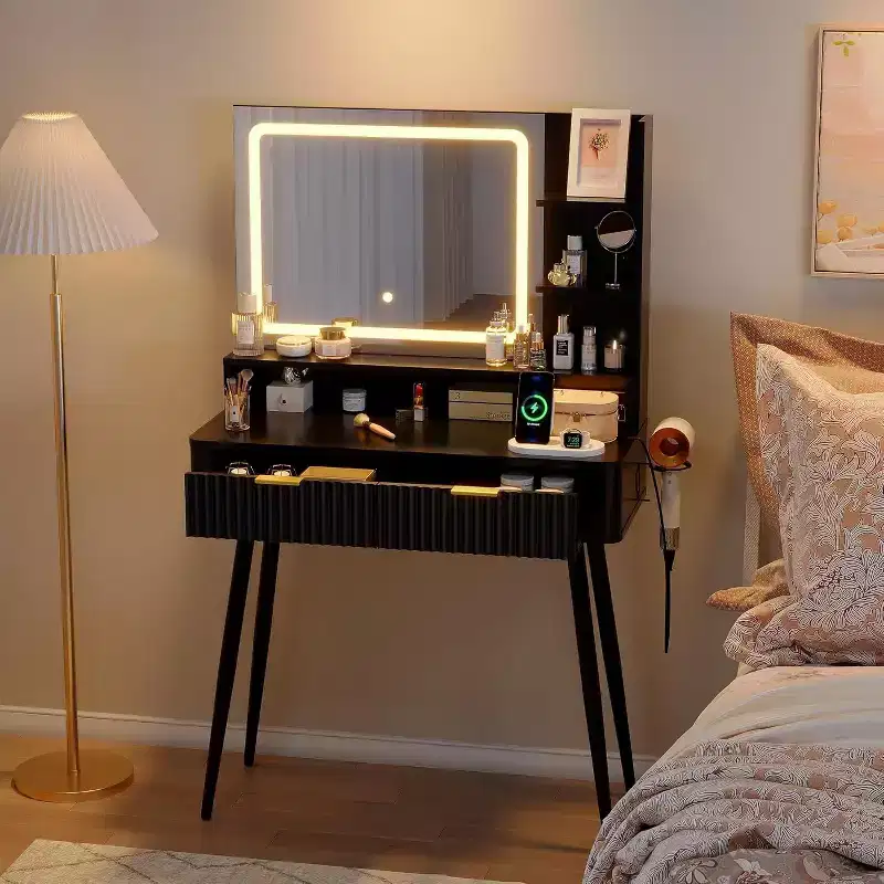 31.5 LED Makeup Vanity Desk with Lighted Mirror, Dressing Table with 2 Drawers, 3 Color Lighting Modes & Built-in Power Outlet for Bedroom Storage