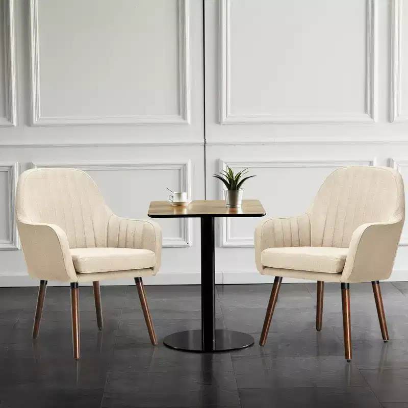 Set of 2 Fabric Upholstered Accent Armchairs with Wooden Legs, Beige/Gray