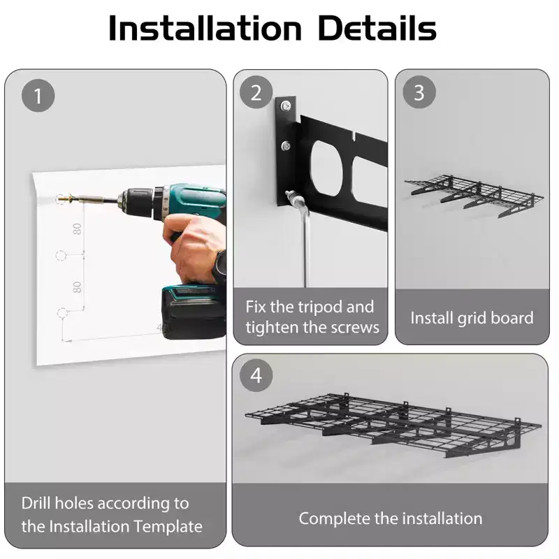2x4 Ft Garage Shelving, Heavy Duty Wall Mounted Storage Rack, Floating Shelves, 800LB Load Capacity, Metal Garage Organization for Tools & Supplies