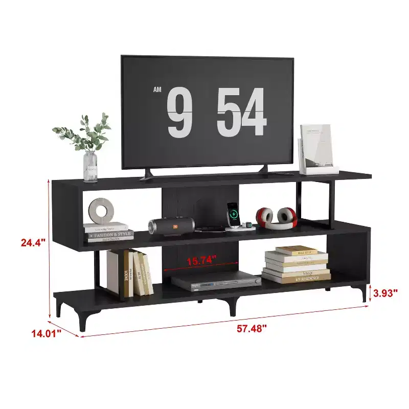 TV Stand for up to 60 Inch TVs, Modern Entertainment Center with Open Shelf, Charging Station, 4 Power Outlet & 2 USB Ports, for Living Room Bedroom