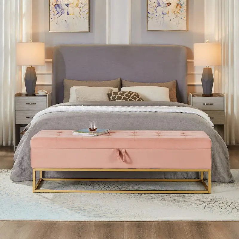 58.6 Bed Bench Metal Base with Storage Pink Velvet