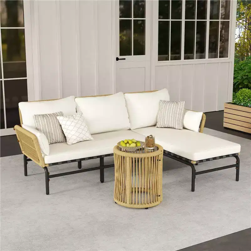 Yaheetech 3 Piece Patio Sectional L-shaped Sofa Set with Table, Cushions, Pillows for Backyard, Deck, Poolside