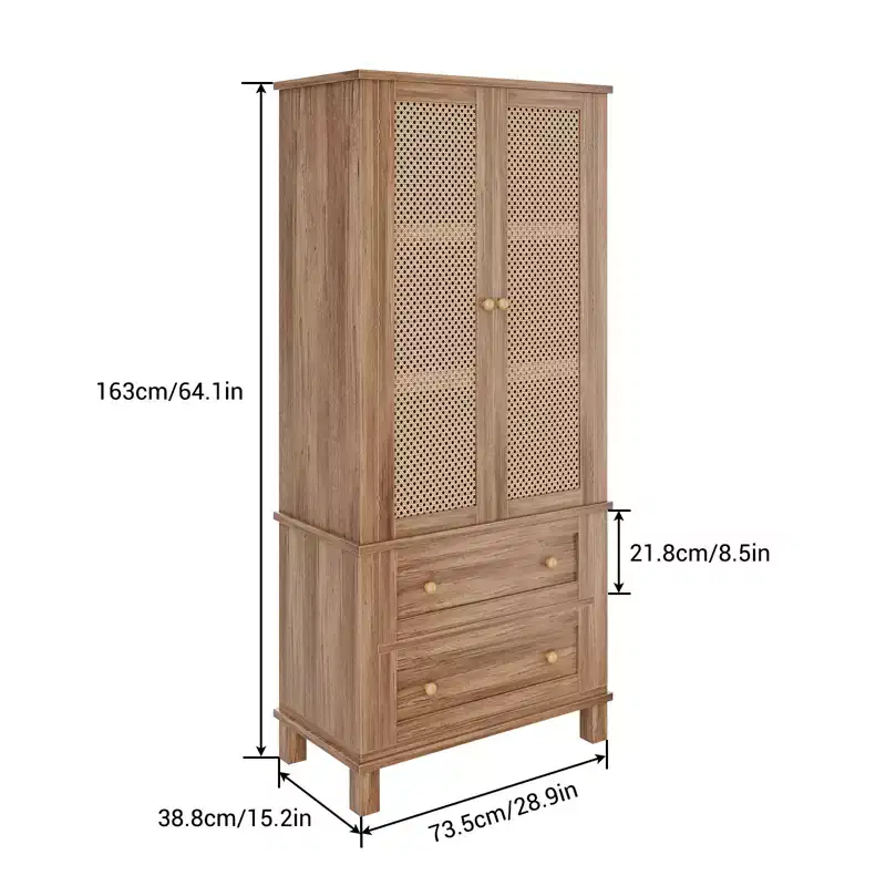Kitchen Pantry Cabinet with Rattan Doors, 64 Tall Storage Cabinet with 2 Drawers and Adjustable Shelves, Pantry Cabinet Wood Cupboard for Kitchen
