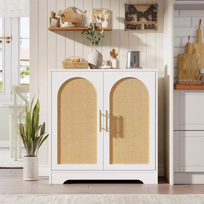 31.5Sideboard Buffet Cabinet - Credenza Storage with 2 Rattan Doors and Shelves, Modern Console Table for Living Room, Kitchen, Entryway