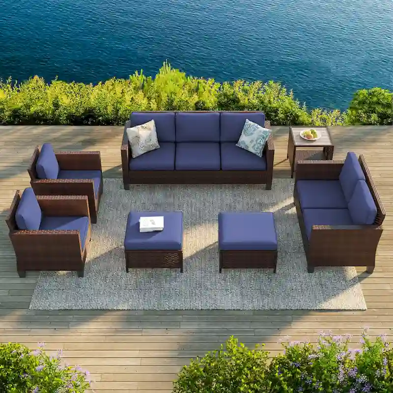 Bonosuki 7 Pieces PE Rattan Furniture Set with Side Table, Patio Chair with Washable Cushion, Ottomans for Balcony, Porch, Yard