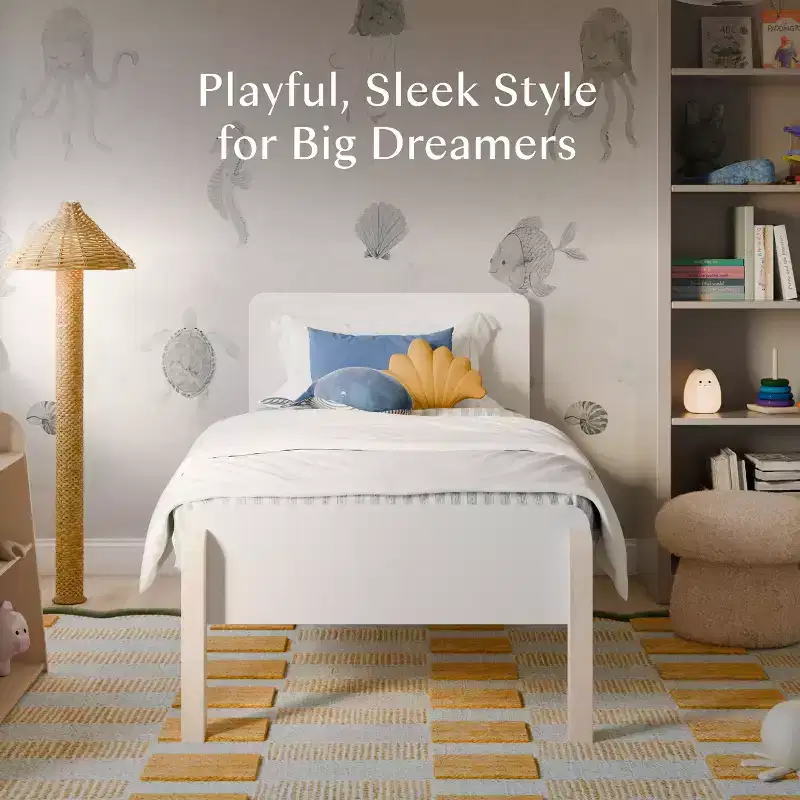 Twin Bed - White and Washed Natural, Modern Kids Platform Bed with Rounded Edges