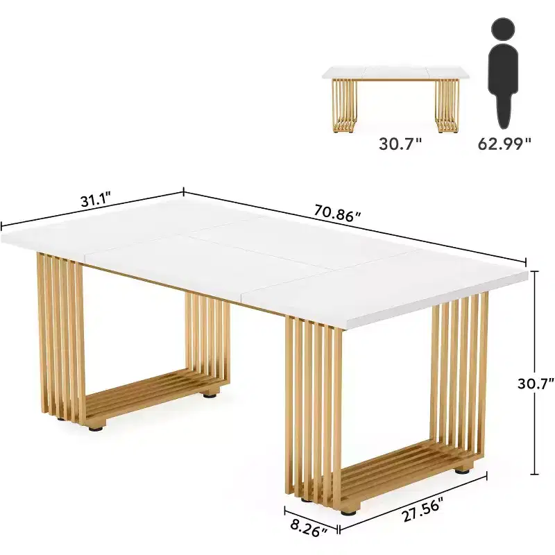 White & Gold Rectangular Dining Table, Seats 6–8